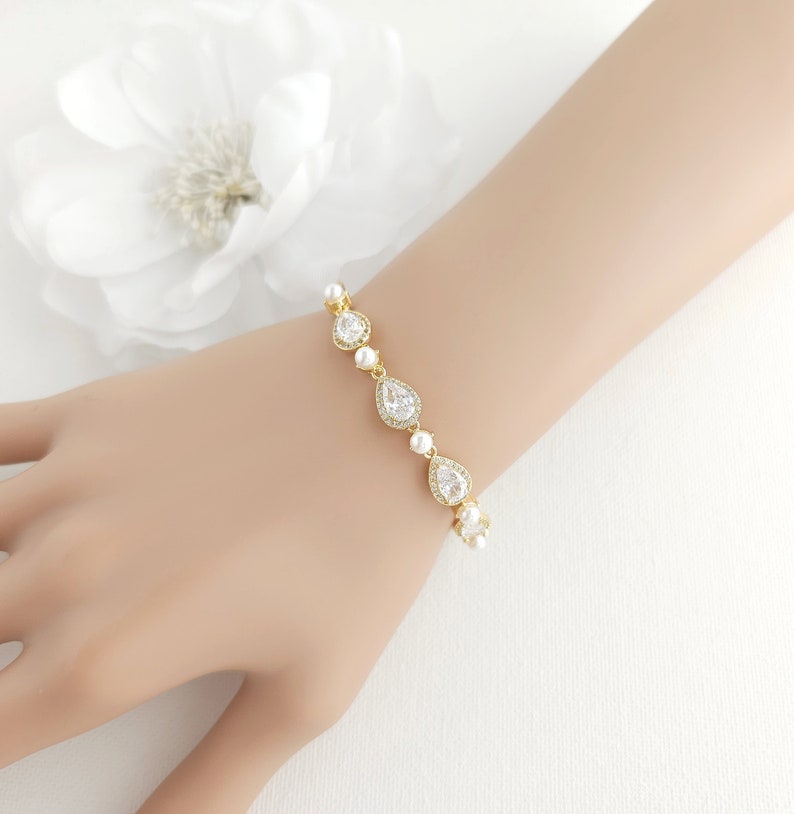 Gold Pearl Teardrop Wedding Bracelet, CZ Pearl Pear Crystal Bridal Bracelet, Gold Wedding Jewelry, Luna image 7