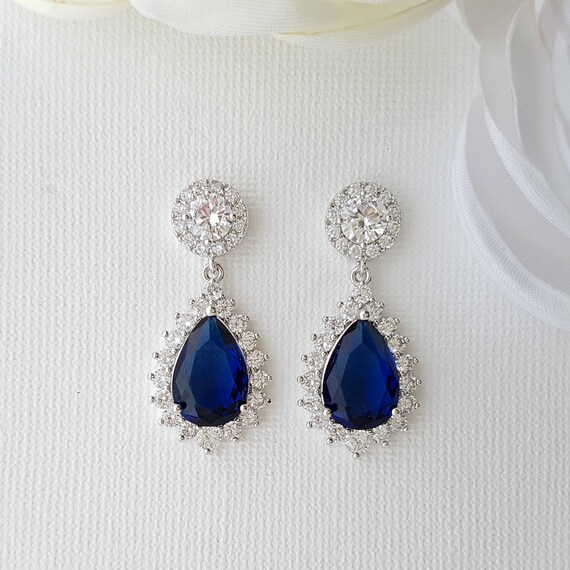 Blue Bridal Earrings Crystal Wedding Earrings Sapphire Blue | Etsy