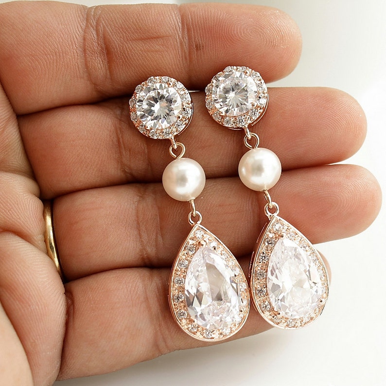 Bridal Earrings Rose Gold Clear Cubic Zirconia Teardrop Etsy