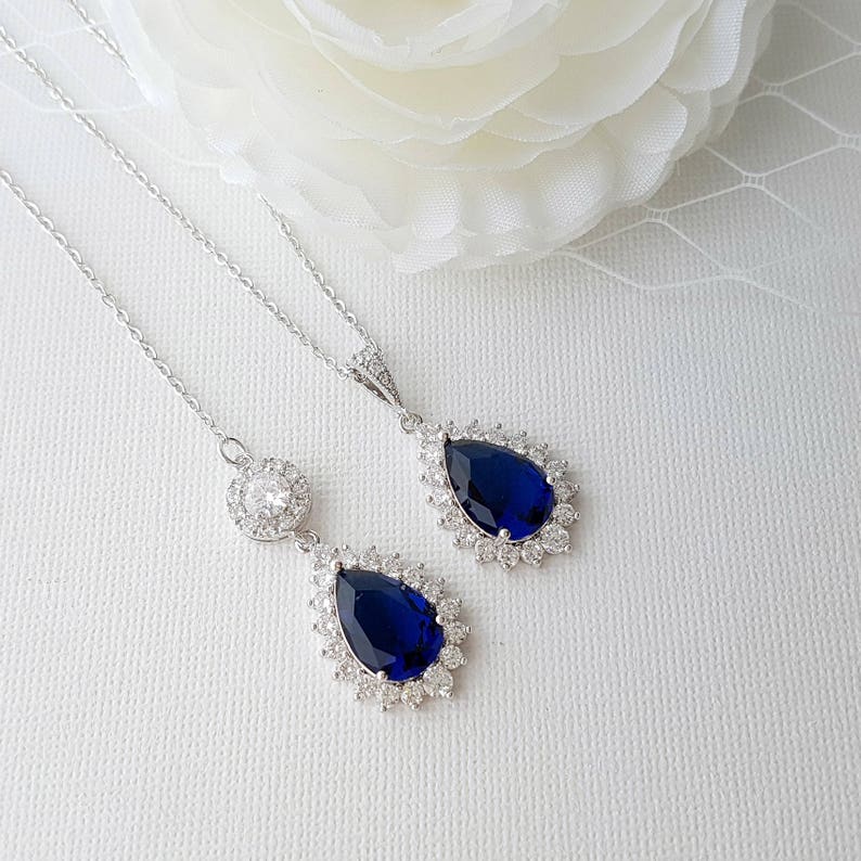 Gold Back Drop Necklace, Blue Bridal Necklace, Crystal Back Necklace, Blue and Gold Wedding Necklace, Something Blue, Wedding Jewelry, Aoi Silver