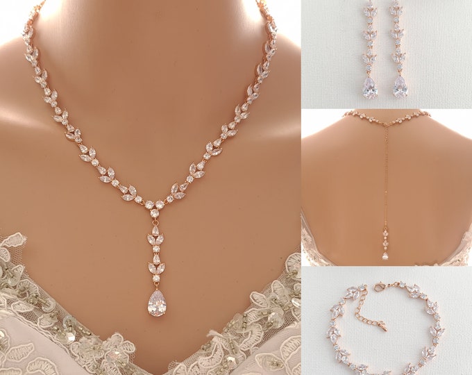 Rose Gold Jewelry Set For Brides, Wedding Necklace Set With Backdrop Earrings And Bracelet, Crystal Wedding Day Jewelry, Anya