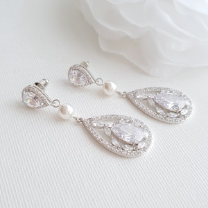Vintage Style Pearl Crystal Bridal Earrings, Teardrop Wedding Earrings, Necklace Earring Set, Wedding Jewelry, Esther image 2