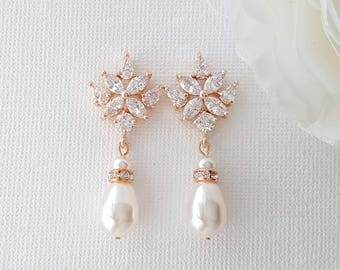 Rose Gold Bridal Earrings, Crystal Wedding Earrings, Bridesmaids Pearls Drop Earrings, Bridal Rose Gold Jewelry, Rosa