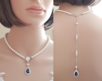 Pearl And Sapphire Wedding Back Necklace, Pearl and Crystal Backdrop Bridal Necklace, Blue Wedding Jewelry, Aoi