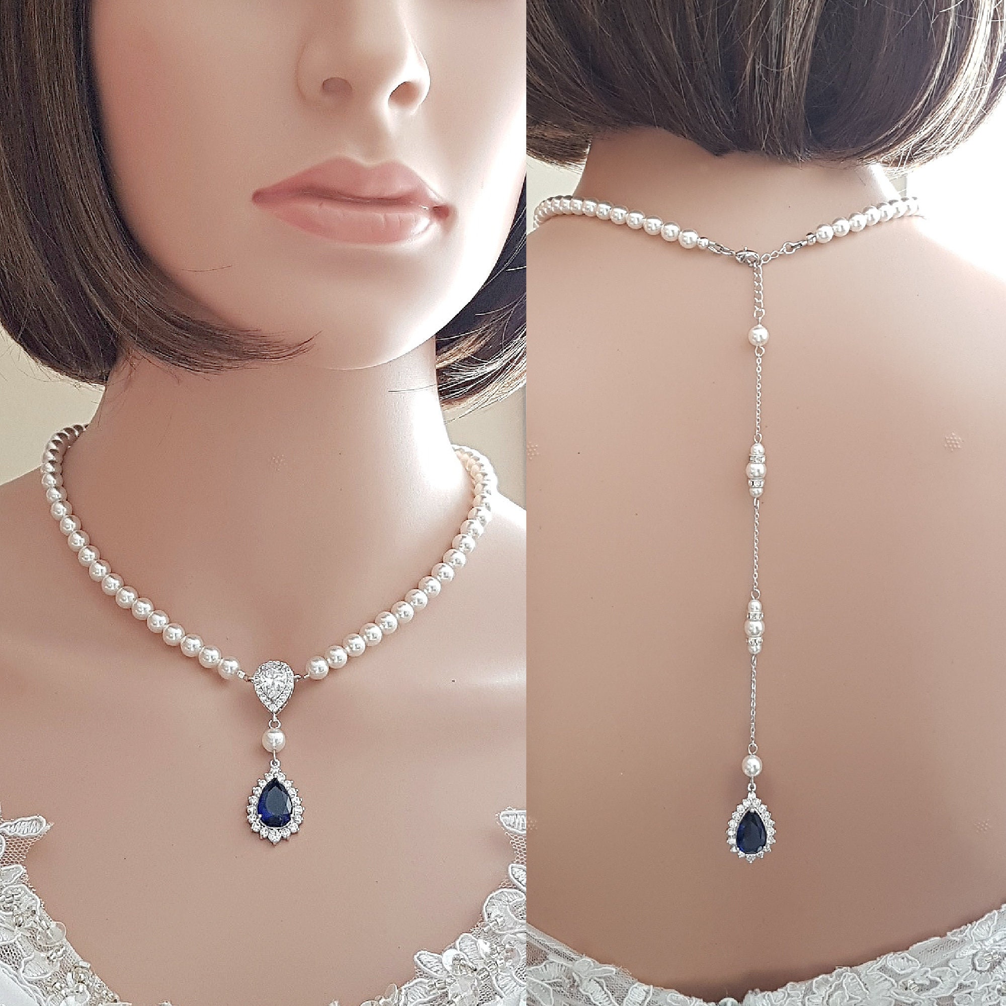 Pearl and Sapphire Wedding Back Necklace Pearl and Crystal Backdrop Bridal Necklace Blue Wedding Jewelry Aoi Etsy