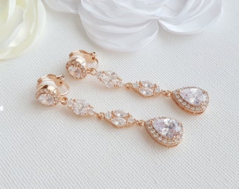 Dangle Clip On Bridal Earrings Rose Gold, Crystal Wedding Earrings For Non Pierced Ears, Long Earrings Necklace Set, Wedding Jewelry, Hayley