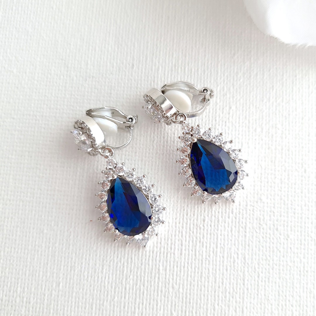 Clip on Bridal Earrings, Sapphire Blue Earrings for Non Pierced Ears ...