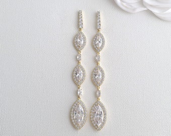 Long Gold Bridal Earrings, Marquise Drop Earrings For Weddings, Cubic Zirconia Wedding Jewelry, Harriet