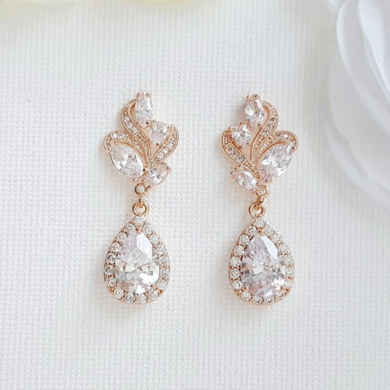 Rose Gold Wedding Earrings Crystal Bridal Earrings Gold | Etsy