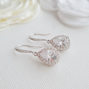 Small Drop Bridal Earrings, Dangle Cubic Zirconia Bridesmaid Earrings, Silver Tear Drop Wedding Earrings, Emma