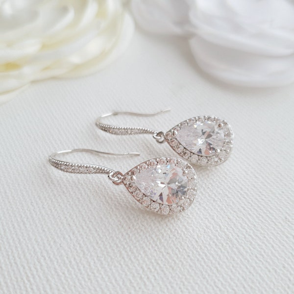 Small Drop Bridal Earrings, Dangle Cubic Zirconia Bridesmaid Earrings, Silver Tear Drop Wedding Earrings, Emma