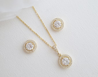 Gold Wedding Jewelry Set, Stud Halo Earrings Necklace Set, Bridal Jewelry Set Cubic Zirconia, Denise