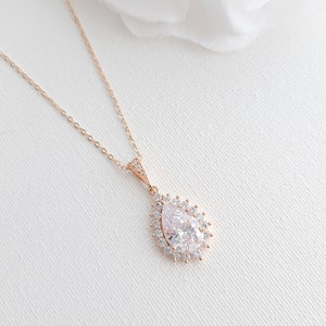 Tear Drop Gold Necklace, Wedding Necklace, Crystal Bridal Necklace, Cubic Zirconia Pendant Necklace, Gold Bridal Jewelry, Raya Rose gold