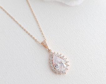 Rose Gold Wedding Necklace, Crystal Bridal Necklace, CZ Tear Drop Necklace, Rose Gold Bridal Jewelry, Raya