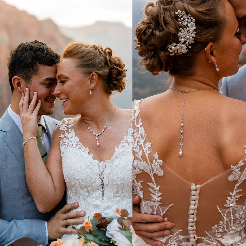 Collar de boda de oro con caída trasera, collar nupcial con cristal y perla, conjunto de joyas de boda, Hayley imagen 2