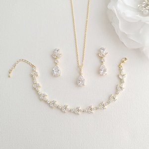 Rose Gold Wedding Jewelry Set for Brides, Elegant and Simple Bridal Jewelry Set in Cubic Zirconia For Wedding Day, Nicole Gold