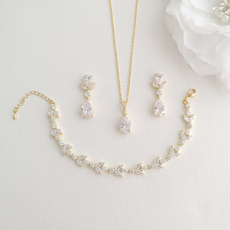 Silver Crystal Bridal Jewelry Set for Brides, Clear Cubic Zirconia Wedding Earrings Necklace Bracelet Set, Dainty Wedding Jewelry, Nicole image 3