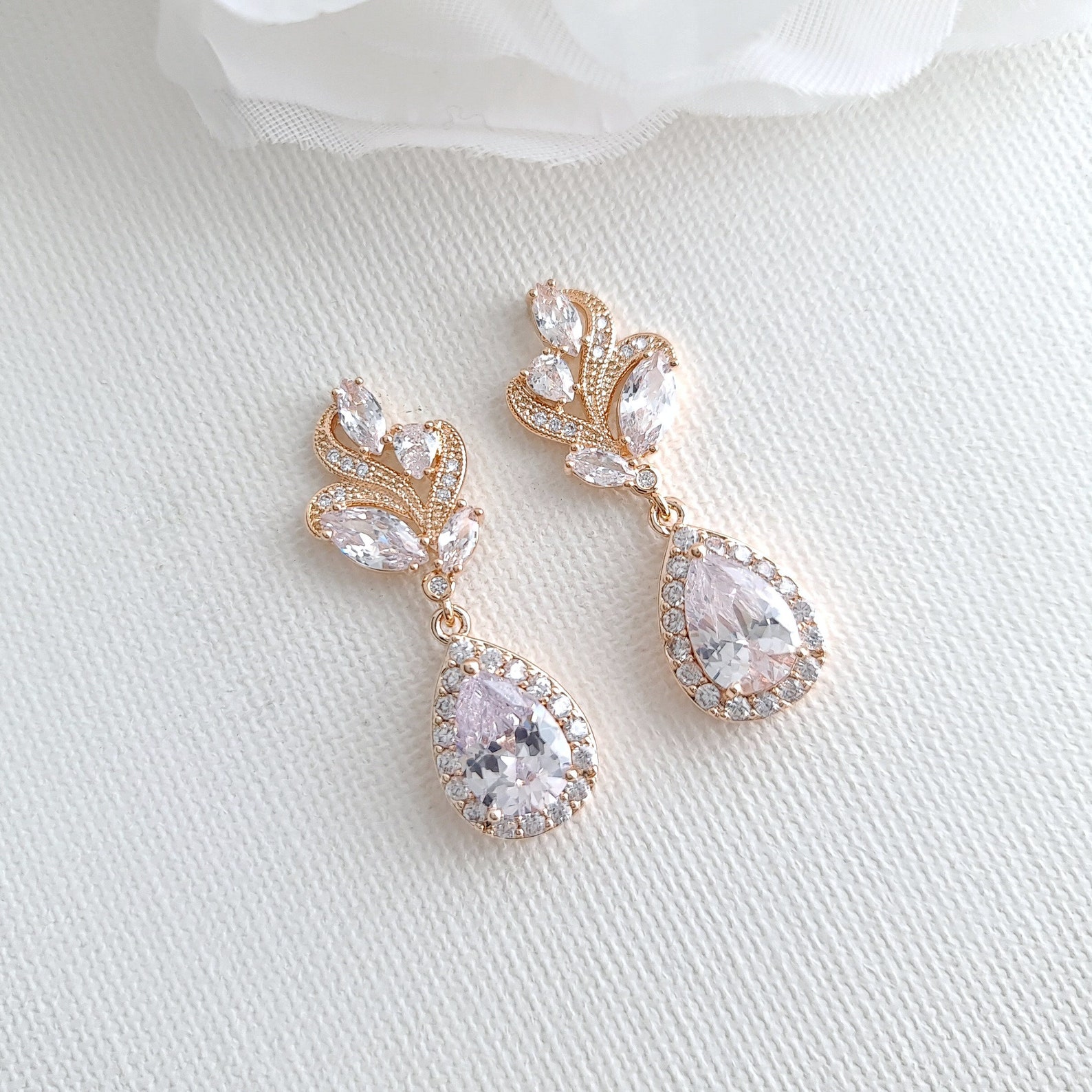 Rose Gold Wedding Earrings Crystal Bridal Earrings Gold Etsy