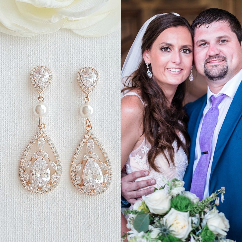 Vintage Style Pearl Crystal Bridal Earrings, Teardrop Wedding Earrings, Necklace Earring Set, Wedding Jewelry, Esther image 6