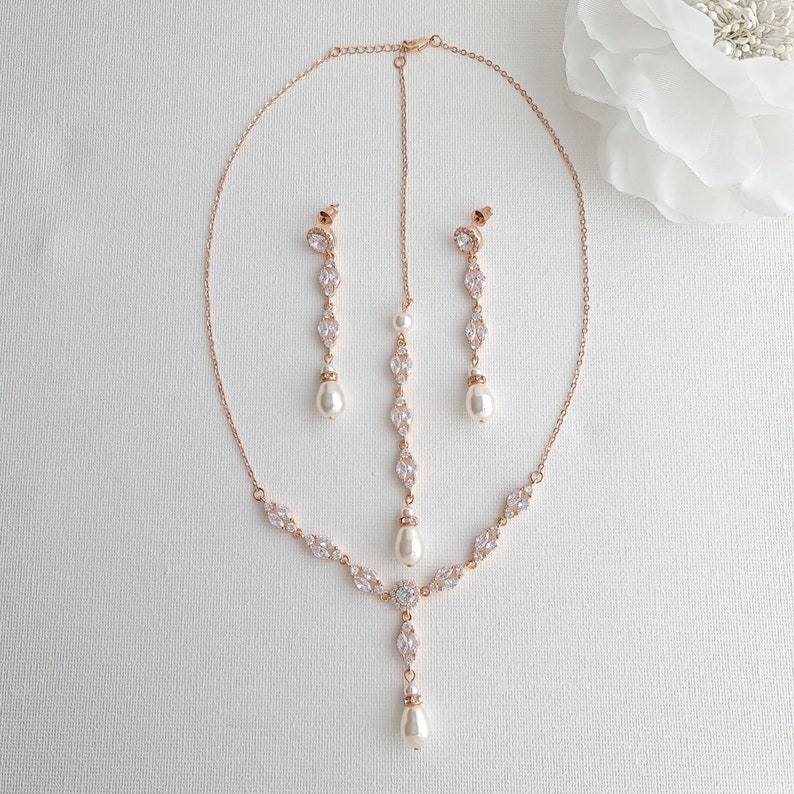 Gold Wedding Necklace with Back Drop, Bridal Necklace With Crystal And Pearl, Wedding Jewelry Set, Hayley image 6