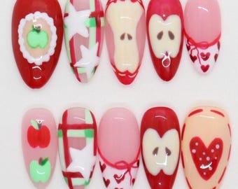 Handmade Cute Apple Press On Nail, Unique Fruit Almond Nail Set for Food Lovers, Juicy Red Press On, Summer Nail, Trendy Nail, Gift