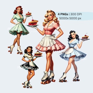 Rockabilly Clipart, Retro Pin up Girls PNG, Roller Waitress, Digital Download