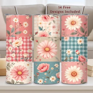 Cottagecore Tumbler Wrap, 20oz PNG, Floral Sublimation, Spring Flowers, Patchwork Design, Digital Download
