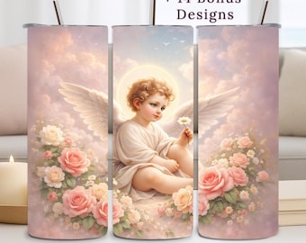 Diseño de vaso con querubín, 20 oz PNG, cristiano, ángel, diseño floral por sublimación, descarga digital