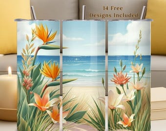 Flowers Tumbler Wrap, 20oz PNG, Beach, Coastal, Sublimation Design, Digital Download