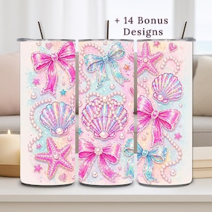 May include: Three stainless steel insulated tumblers with a mermaid theme. Each tumbler features a different design of pink and blue bows, seashells, starfish, and pearl necklaces. The text "+ 14 Bonus Designs" is at the top.