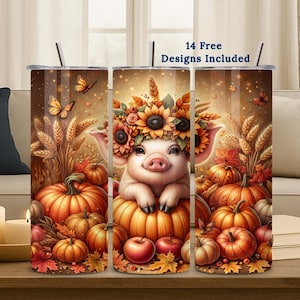 Pig Tumbler Wrap, 20oz PNG, Farm Animals, Pumpkins, Fall Sublimation Design, Digital Download