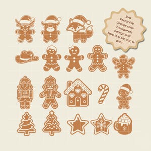 Può includere: Una collezione di grafiche vettoriali marroni in stile pan di zenzero. I disegni includono un cappello da cowboy, omini di pan di zenzero, una volpe, una casa, un bastoncino di zucchero, una tartaruga, un albero di Natale, stelle e una tazza di cioccolata calda. È presente anche il testo "SVG Vector File".