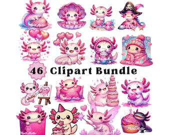 Axolotl PNG, Kawaii Clipart Bundle, transparenter Hintergrund, Salamander Sublimationsdesigns