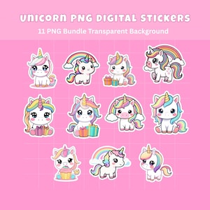 May include: A collection of eleven PNG digital stickers featuring cartoon unicorns with rainbow manes and horns. The stickers are in various poses, some with gifts and rainbows, set against a pink background. Text at the top reads "UNICORN PNG DIGITAL STICKERS".