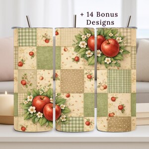 Apple Tumbler Wrap, 20oz PNG, Cottagecore, Floral Patchwork, Sublimation Design, Digital Download