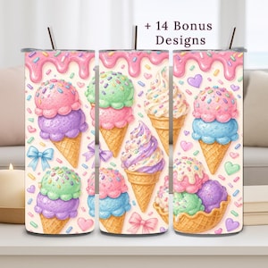 May include: A set of three stainless steel tumblers with colorful ice cream cone designs. Each tumbler features a different ice cream cone design with sprinkles, bows, and hearts. The text "+ 14 Bonus Designs" is at the top.