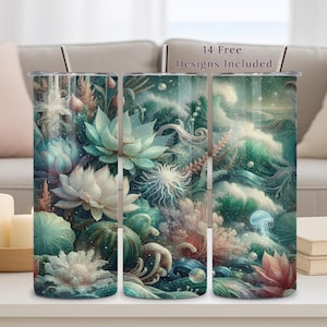 Coastal Flower, Lotus Tumbler Wrap, 20oz PNG, Celestial Ocean, Digital File