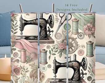 Vintage Sewing Tumbler Wrap, 20oz PNG, Floral Design, Digital Download