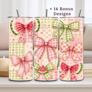 May include: Three stainless steel tumblers with colourful designs. Each tumbler features a patchwork pattern with pink, green, and white squares. The designs include bows, watermelon slices, and the text "+ 14 Bonus Designs".