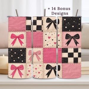 May include: Three stainless steel tumblers with lids and straws. Each tumbler features a patchwork design with pink, black, and cream-colored squares. The squares are decorated with bows, hearts, polka dots, and checkerboard patterns. Text reads "+ 14 Bonus Designs".