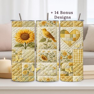 Sunflower Tumbler Wrap, 20oz PNG, Patchwork Design, Yellow Bird, Digital Download