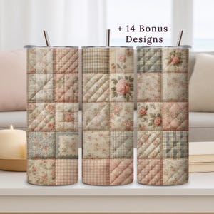 Patchwork Tumbler Wrap PNG, 20oz Skinny Design, Floral Fabric Look, Cottagecore, Digital Download
