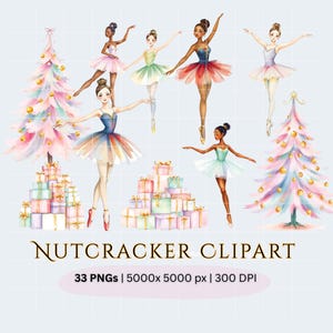 Puede incluir: Clipart de acuarela con bailarinas en tutús coloridos, árboles de Navidad y cajas de regalo. Se muestra el texto "NUTCRACKER CLIPART". La imagen incluye 33 archivos PNG a 5000x5000 px y 300 DPI.