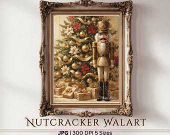 May include: A framed print featuring a Christmas tree adorned with gold ornaments, red poinsettias, and gold ribbon. A nutcracker stands in front of the tree, with wrapped gifts at the base. The frame is ornate, with the text "NUTCRACKER WALART" at the bottom.
