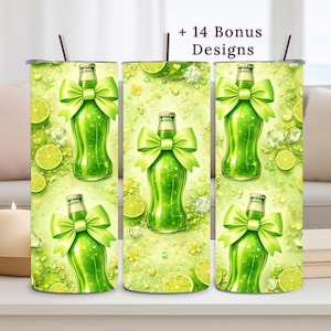 May include: A set of five green tumblers with a lime and bottle design. Each tumbler features a green bottle with a bow, surrounded by lime slices, ice cubes, and flowers. The text "+ 14 Bonus Designs" is at the top.