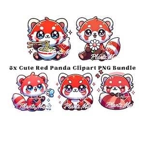 5 x Panda roux Clipart Bundle PNG Image de panda mignon pour enfants Panda roux Kawaii Clipart Panda roux mangeant des nouilles Ramen Clipart Style japonais