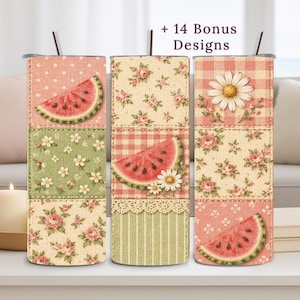 May include: Three stainless steel tumblers with lids and straws. Each tumbler features a patchwork design with watermelon slices, floral patterns, and a daisy. The text "+ 14 Bonus Designs" is visible.