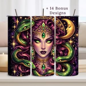 May include: A set of three stainless steel tumblers with a fantasy art design. The design features a woman with green eyes, snakes, and a crescent moon. The text "+ 14 Bonus Designs" is at the top. The background is a dark purple galaxy.