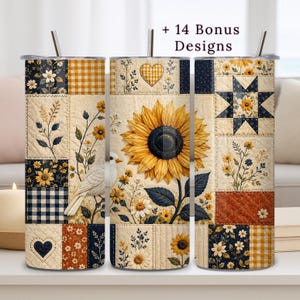 May include: Three cylindrical tumblers with metal straws, featuring a quilted patchwork design in yellow, navy blue, and cream. Patterns include sunflowers, a white bird, gingham checks, and hearts. Text at the top reads + 14 Bonus Designs.