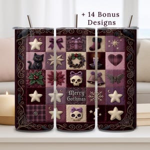 May include: A stainless steel tumbler with a patchwork design featuring stars, a black cat, skulls, and other gothic holiday elements. The text "Merry Gothmas" is displayed on the tumbler. Includes a straw and lid.